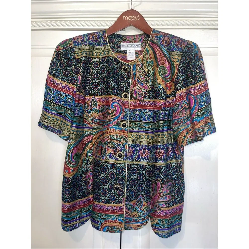 Jessica Howard Blazer‎ Women 14 Colorful Vintage USA Retro Short Sleeve